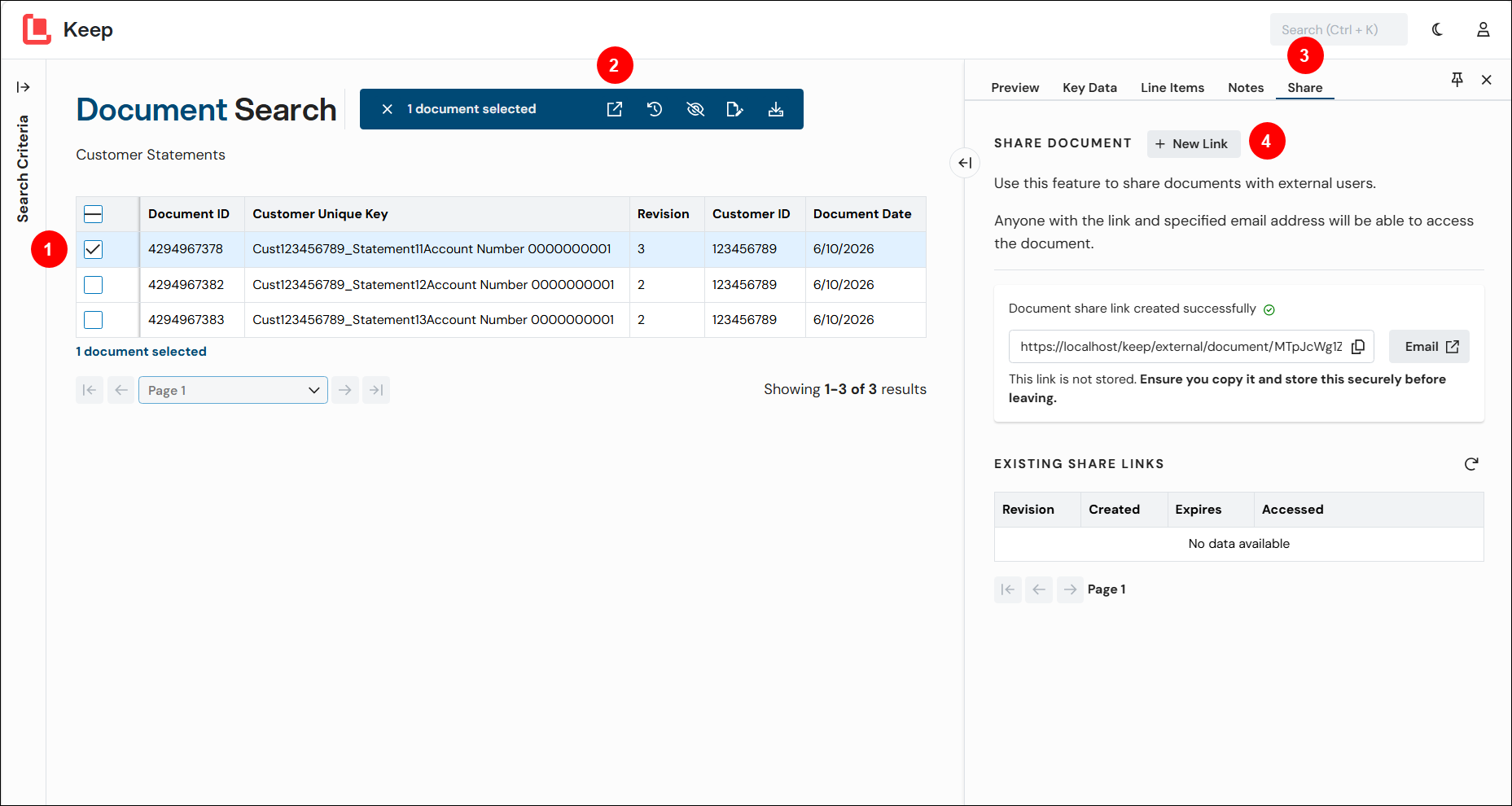 How to share a document from the search results table.